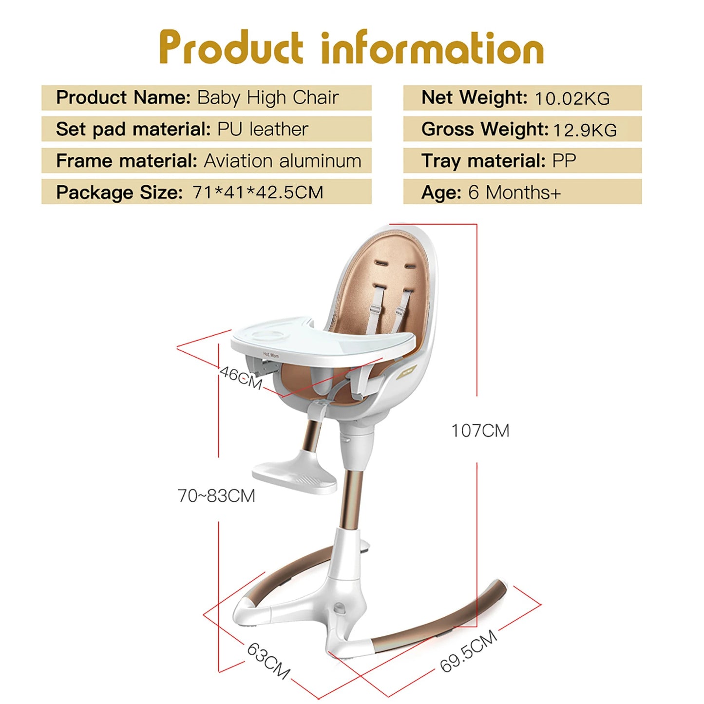 Hot-Mom™ Baby High Chair With Adjustable Seat Height