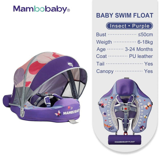 MamboBaby™ Baby Swim Float With Sun-Shade Canopy Age 3-24 Months - Insect Variant