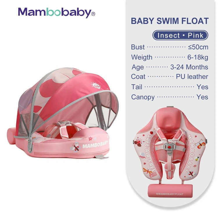 MamboBaby™ Baby Swim Float With Sun-Shade Canopy Age 3-24 Months - Insect Variant