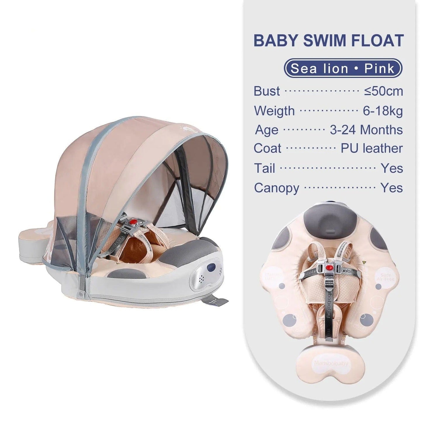 Proactive Baby Baby Float for Swimming Pool MamboBaby™ Baby Swim Float With Sun-Shade Canopy Age 3-24 Months -Elephant Variant