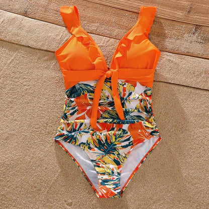 PatPat Family Matching Swimsuit Orange Over All Tropical Print