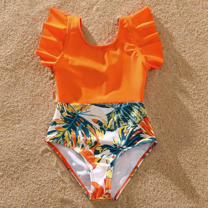 PatPat Family Matching Swimsuit Orange Over All Tropical Print