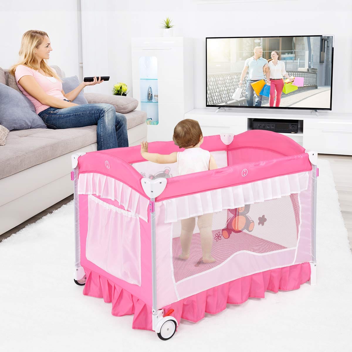 Proactive Baby Baby & Toddler BabyJoy Nursery Center with Foldable Bassinet, Changing Table, Mesh Net with Cute Whirling Toys