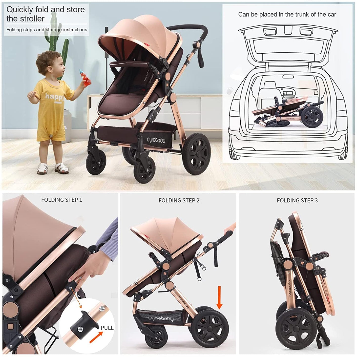 Proactive Baby Cynebaby Convertible Bassinet Stroller Luxury Pram Stroller Added Cup Holder Footmuff and Stroller Tray