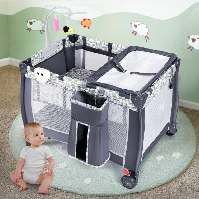 Proactive Baby BB0493GR / United States Foldable Travel Baby Crib Playpen Infant Bassinet Bed Mosquito Net Music w/ Bag