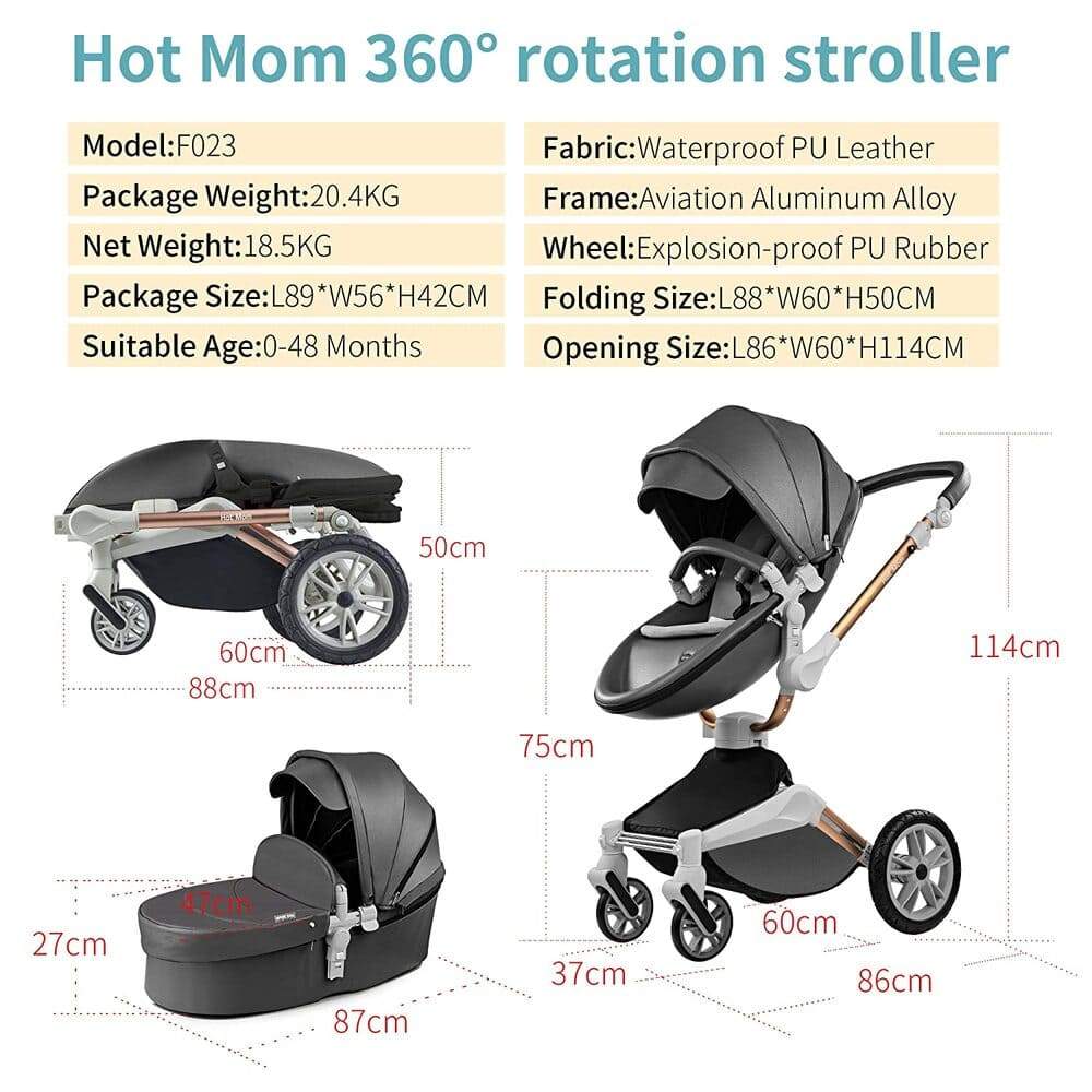 Proactive Baby Baby Pram Stroller Hot Mom™ Luxurious 360° 2 in 1 Baby Stroller