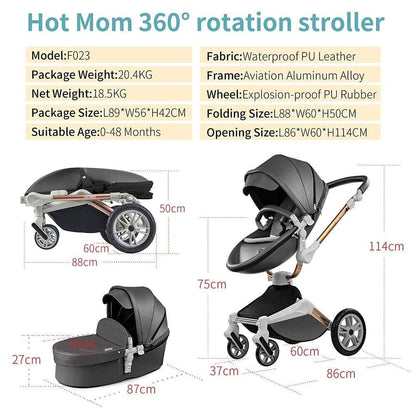 Proactive Baby Baby Pram Stroller Hot Mom™ Luxurious 360° 2 in 1 Baby Stroller