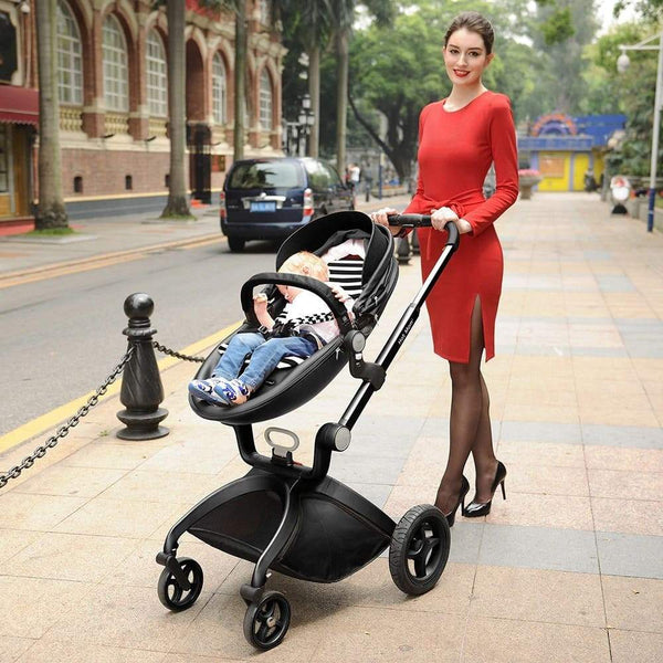 Leather Grid Hot Mom Stroller High Landscape Folding Chair Luxury Pram with Bassinet