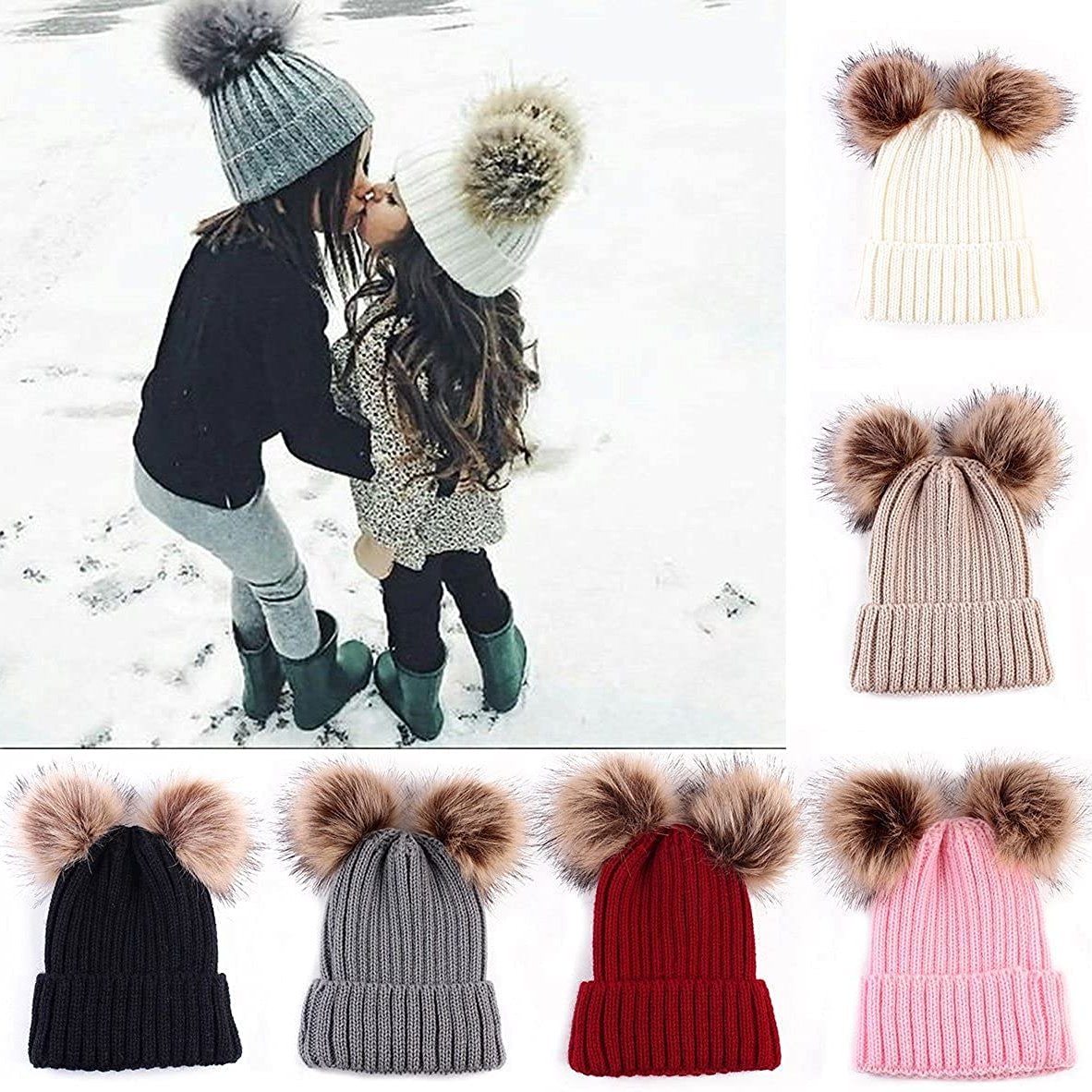 Beanie Pom Pom Hat, Khaki with Fur / Kid